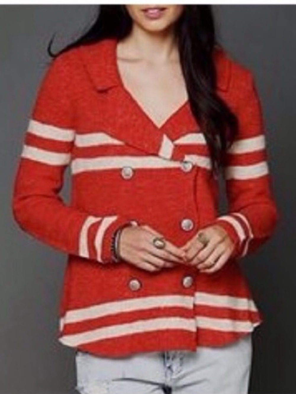 Free People Pea Coat Red Double‑Breasted Stripe Knit Striped Pea Coat size XS